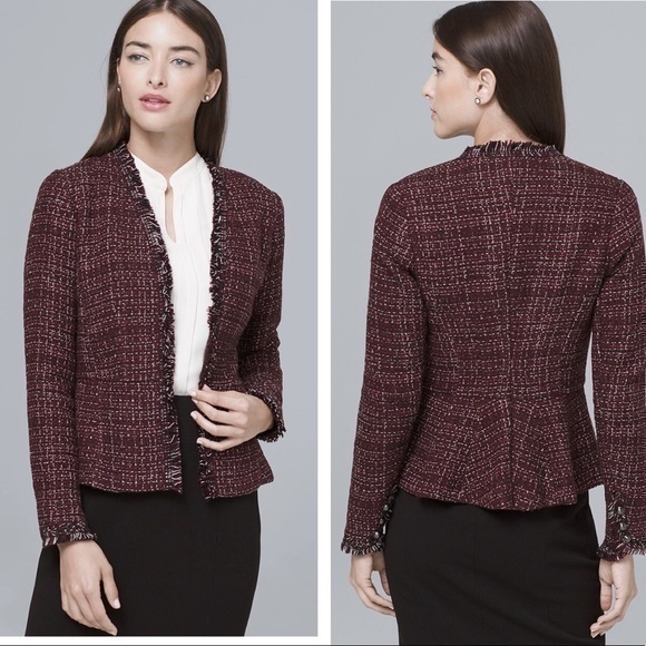 White House Black Market Jackets & Blazers - WHBM burgundy white black tweed peplum fringe jacket